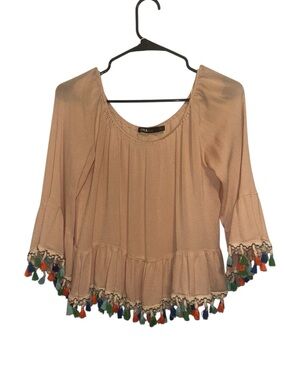 Ina Long Sleeve Top with Tassel-Hem Peasant Blouse